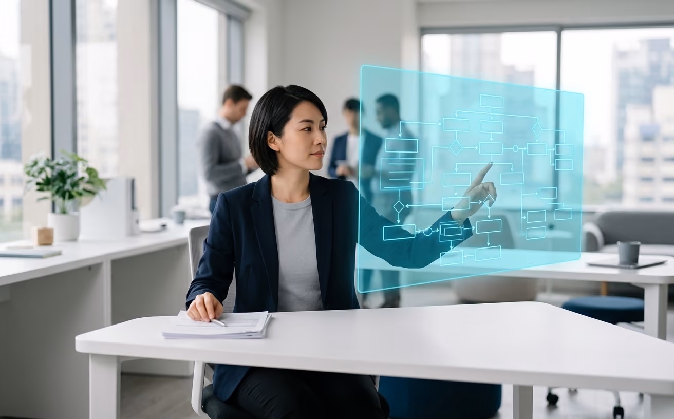 A team member turns from paper forms to direct an ordered flow of tasks on a cyan holographic panel.