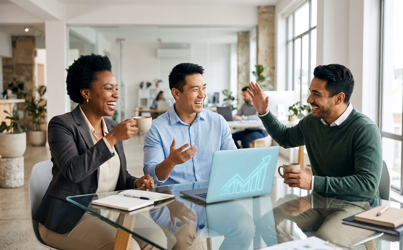 A sales team celebrating a closed deal beside an Agentic Citizen presenting a rising holographic pipeline.