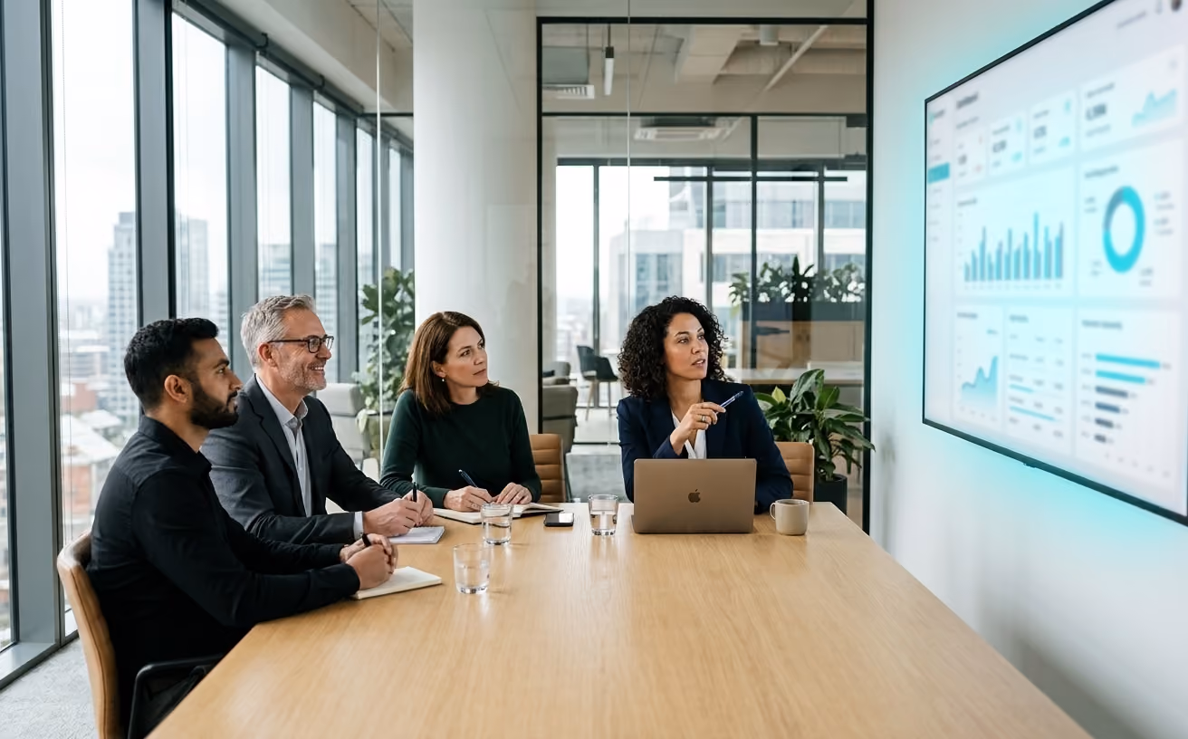 A founder and senior leaders around a boardroom table at night, aligned around a cyan holographic strategy map.