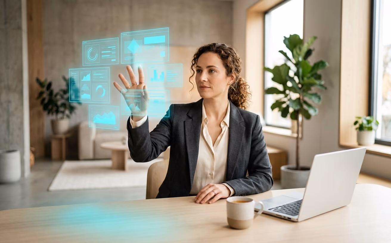 A professional directing several cyan holographic panels with calm, precise gestures.
