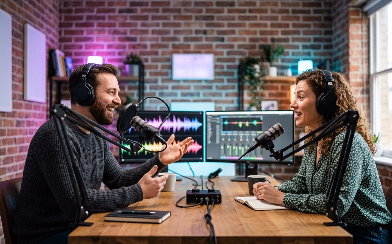 Two creators recording a podcast as a holographic course layout takes shape behind them.