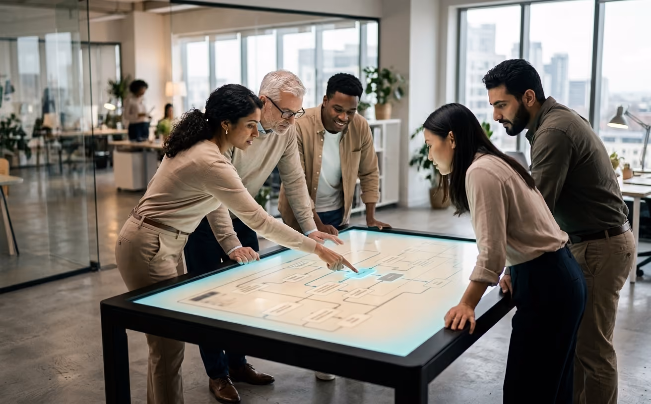 A team around an interactive table as scattered paper processes become an ordered cyan holographic flow.