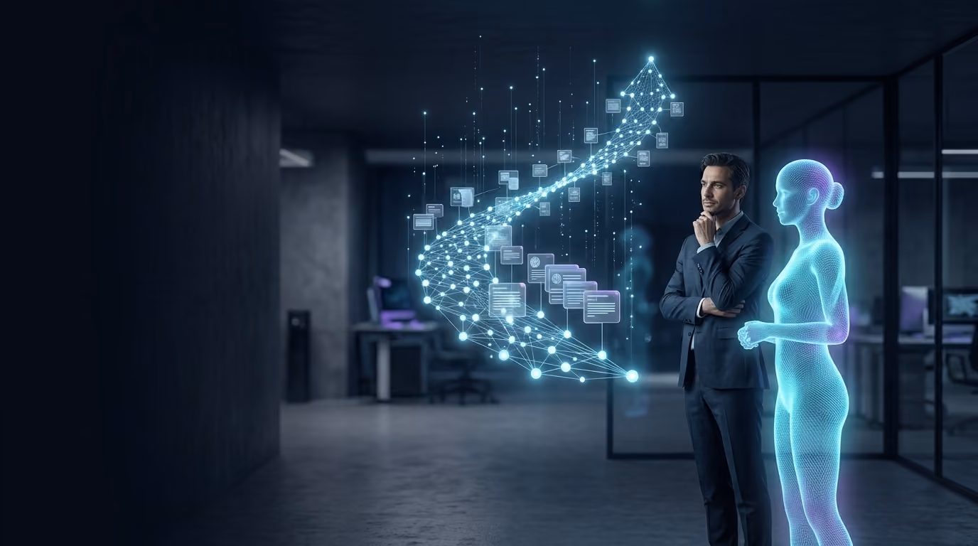 A person and an AI avatar stand together in a training studio, watching a glowing pathway of knowledge rise on a holographic display.