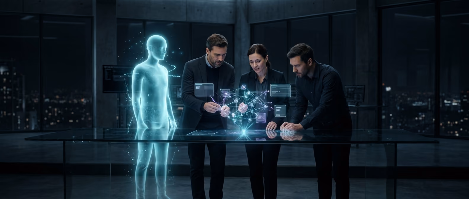 A technologist stands at the centre of a dark operations room where floating app tiles stream into one glowing core.