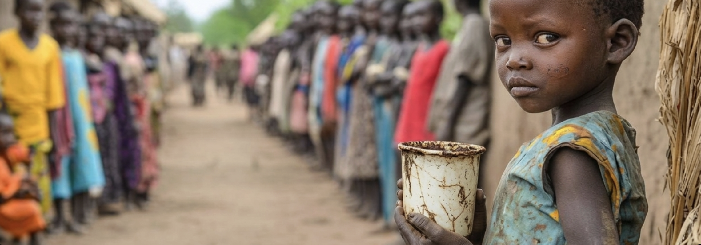 A child holding a cup stands in a line of people waiting for a meal