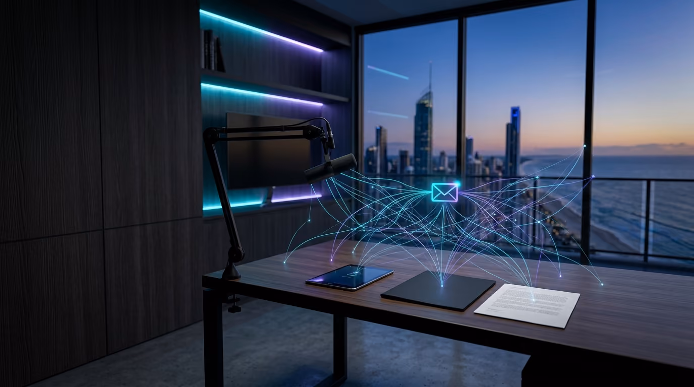 A study desk at dusk with a tablet, a black paper and a white paper, and a glowing envelope icon connected by lines of light, with the Gold Coast skyline behind
