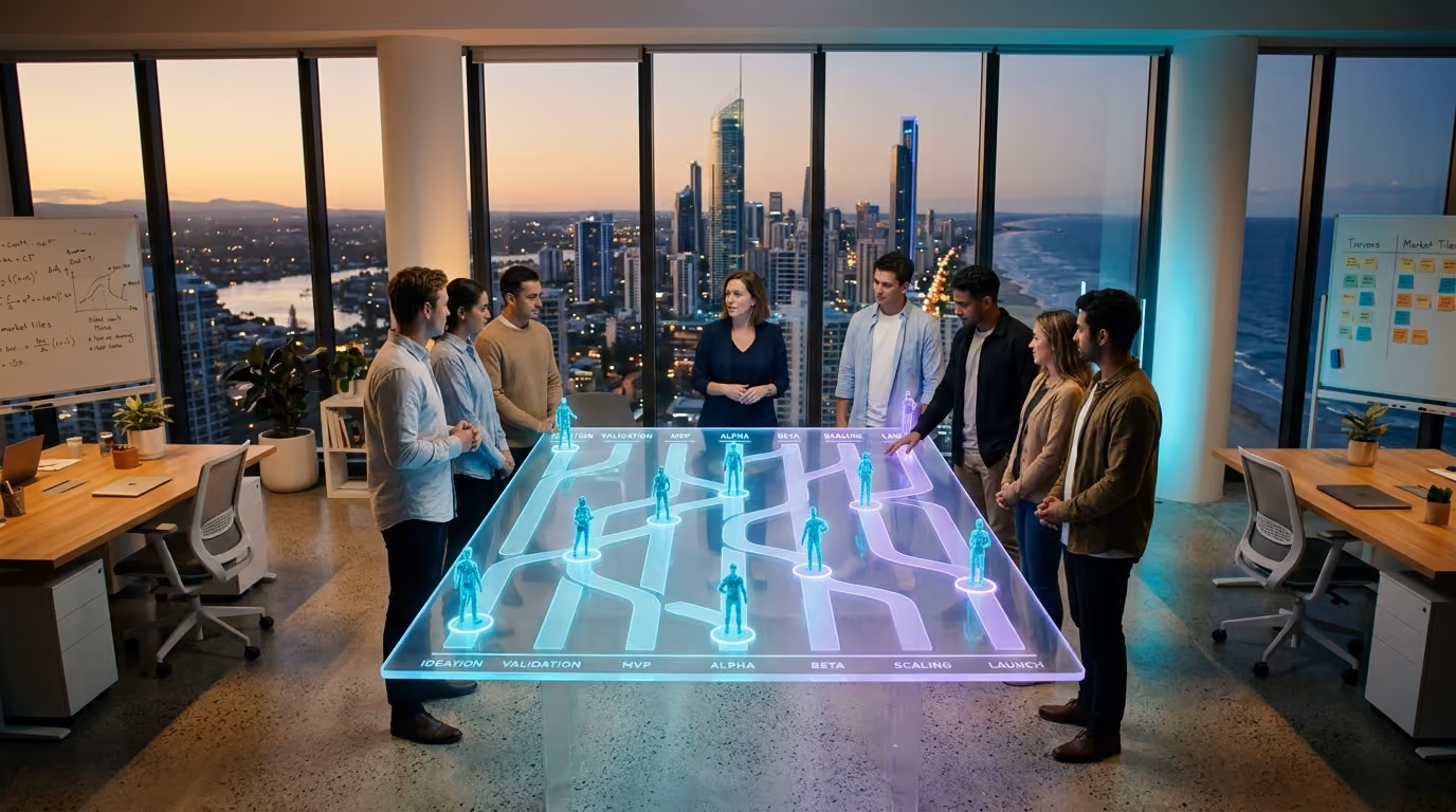 A program lead and founders gather around a glowing cohort board of pathways from idea to launch, each guided by a small cyan Agentic Citizen, in a studio with the Gold Coast skyline behind