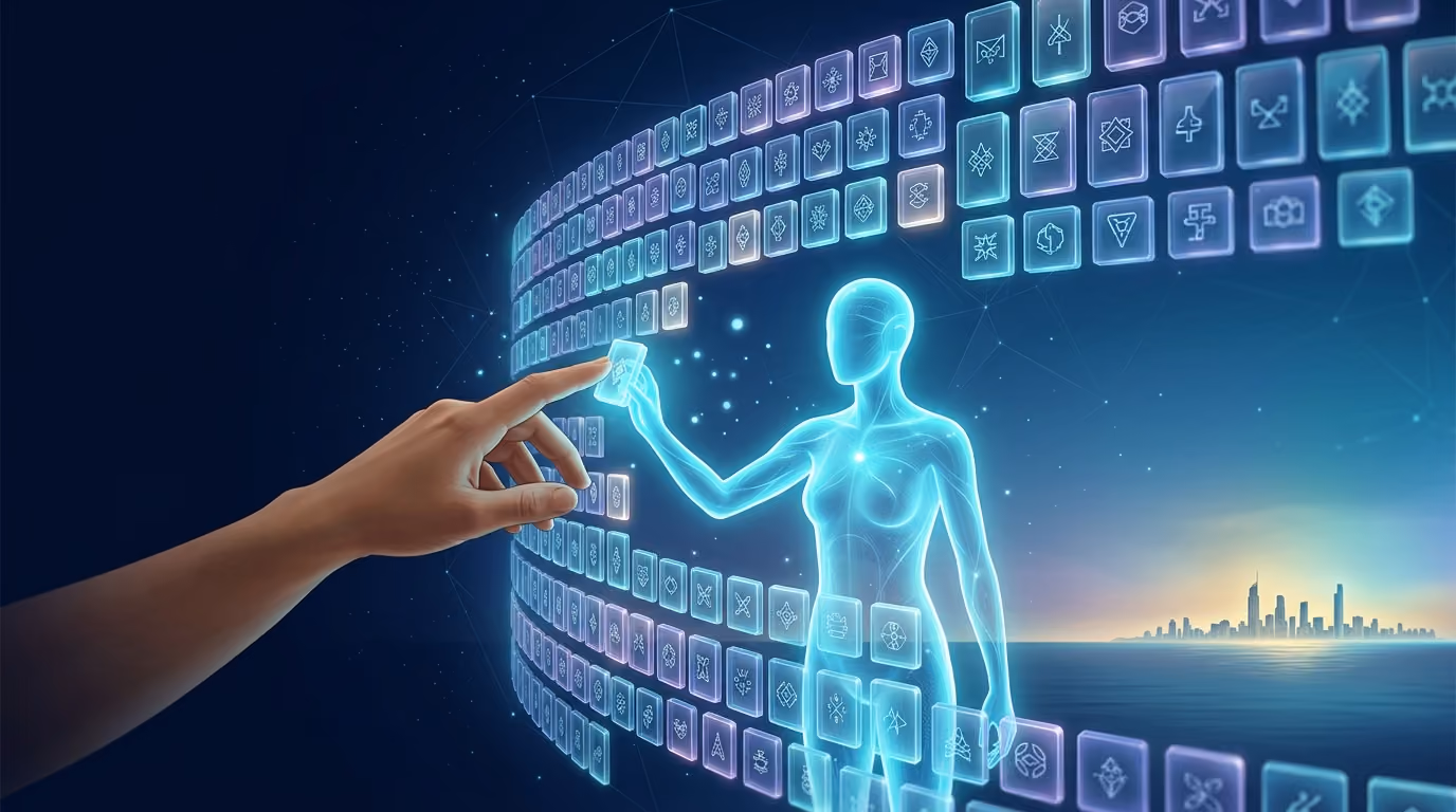 A luminous arc of glowing word tiles forming a living dictionary, with a small cyan Agentic Citizen and a human hand placing a new tile together, and the Gold Coast skyline glowing on the horizon