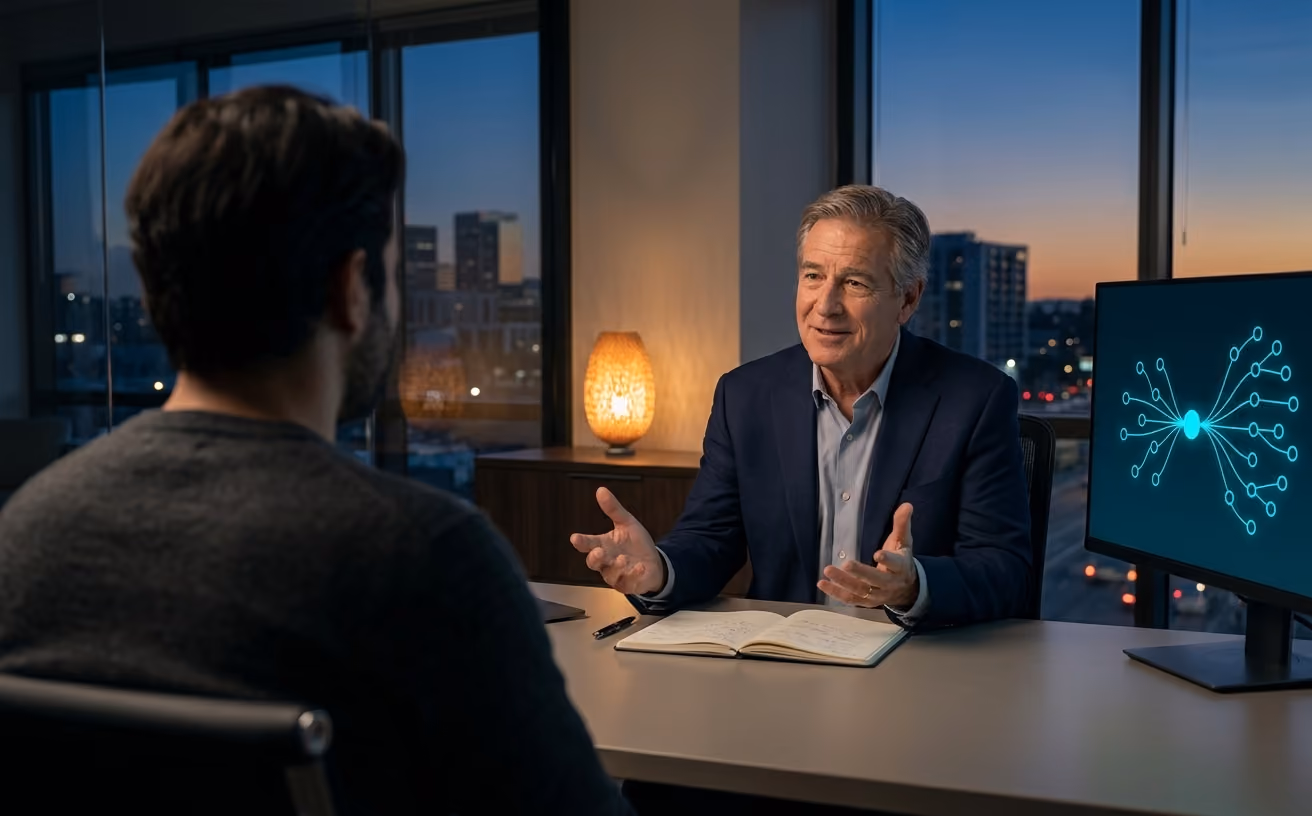 Two people in conversation at a desk in an evening city office, with a glowing network diagram on a screen beside them.