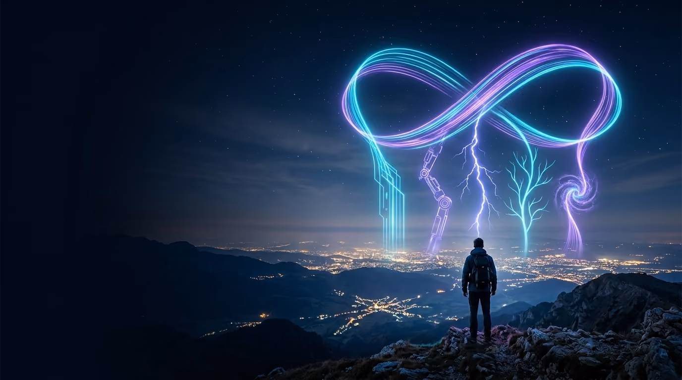 A lone person on a ridge at blue hour as five streams of light weave into an infinity shaped ribbon above a glowing landscape.