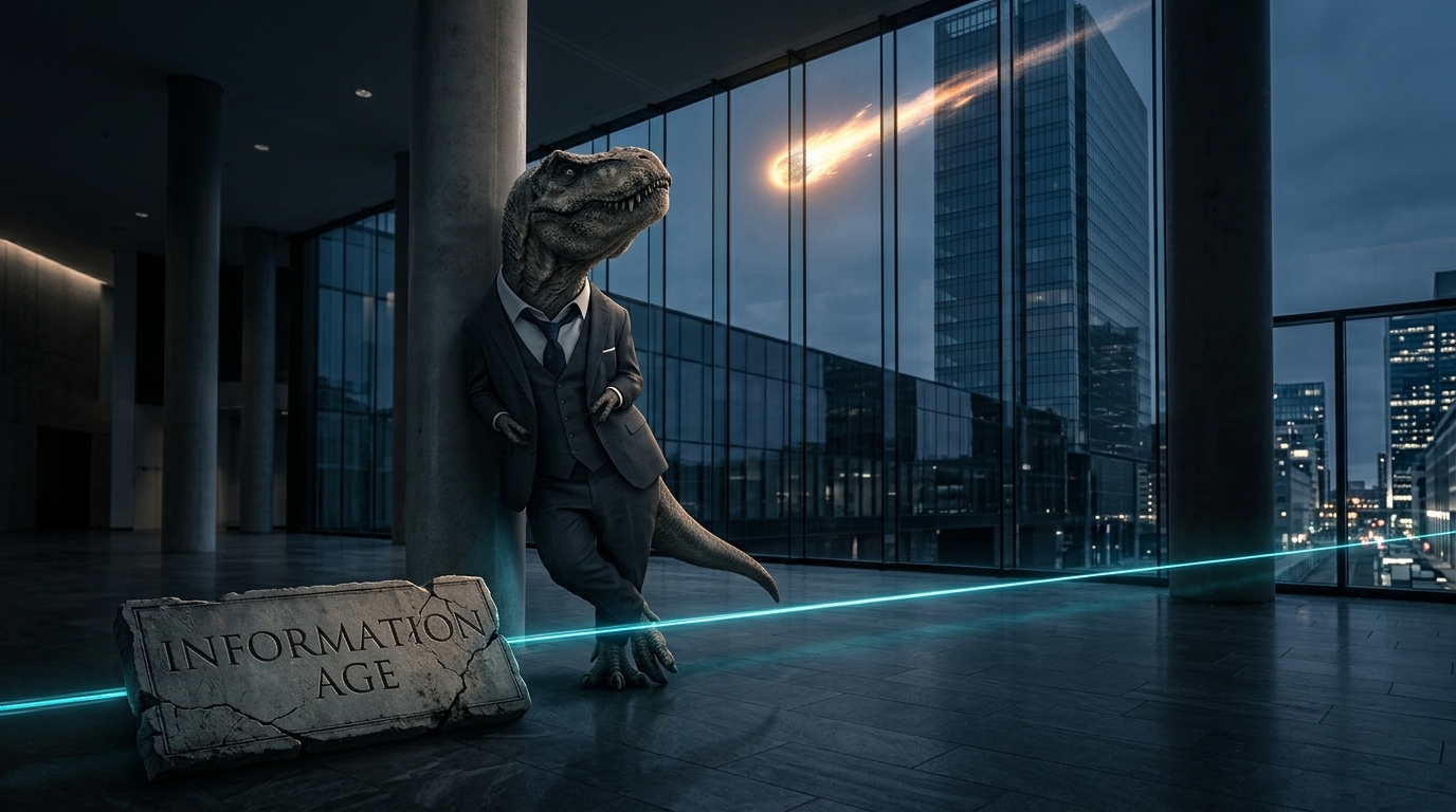 A dinosaur in a business suit leans against a column in a dark office as a comet streaks across the sky outside, next to a stone slab reading Information Age