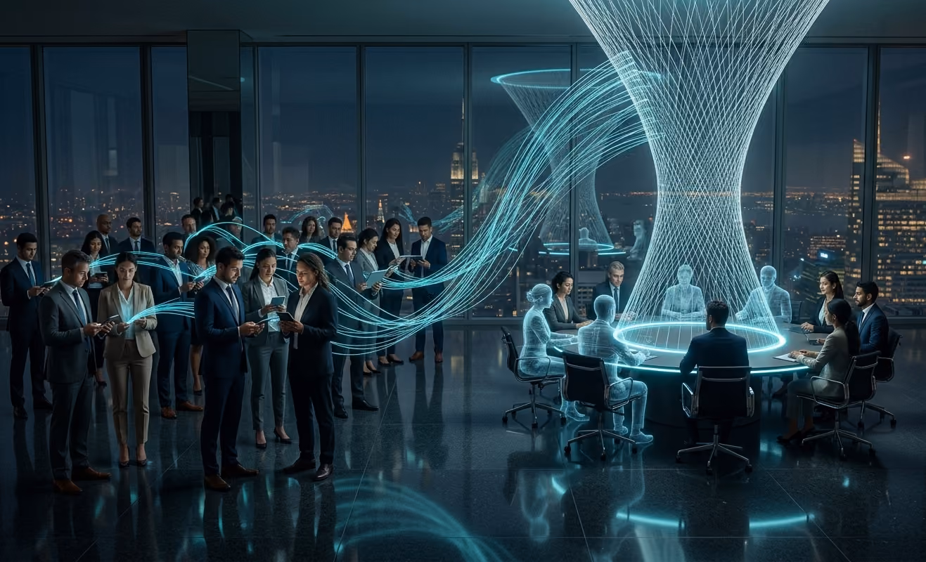 Professionals holding glowing devices on one side of a night time office floor, with fibre optic light lines flowing into a structured lattice above a team and Agentic Citizens seated at a round table