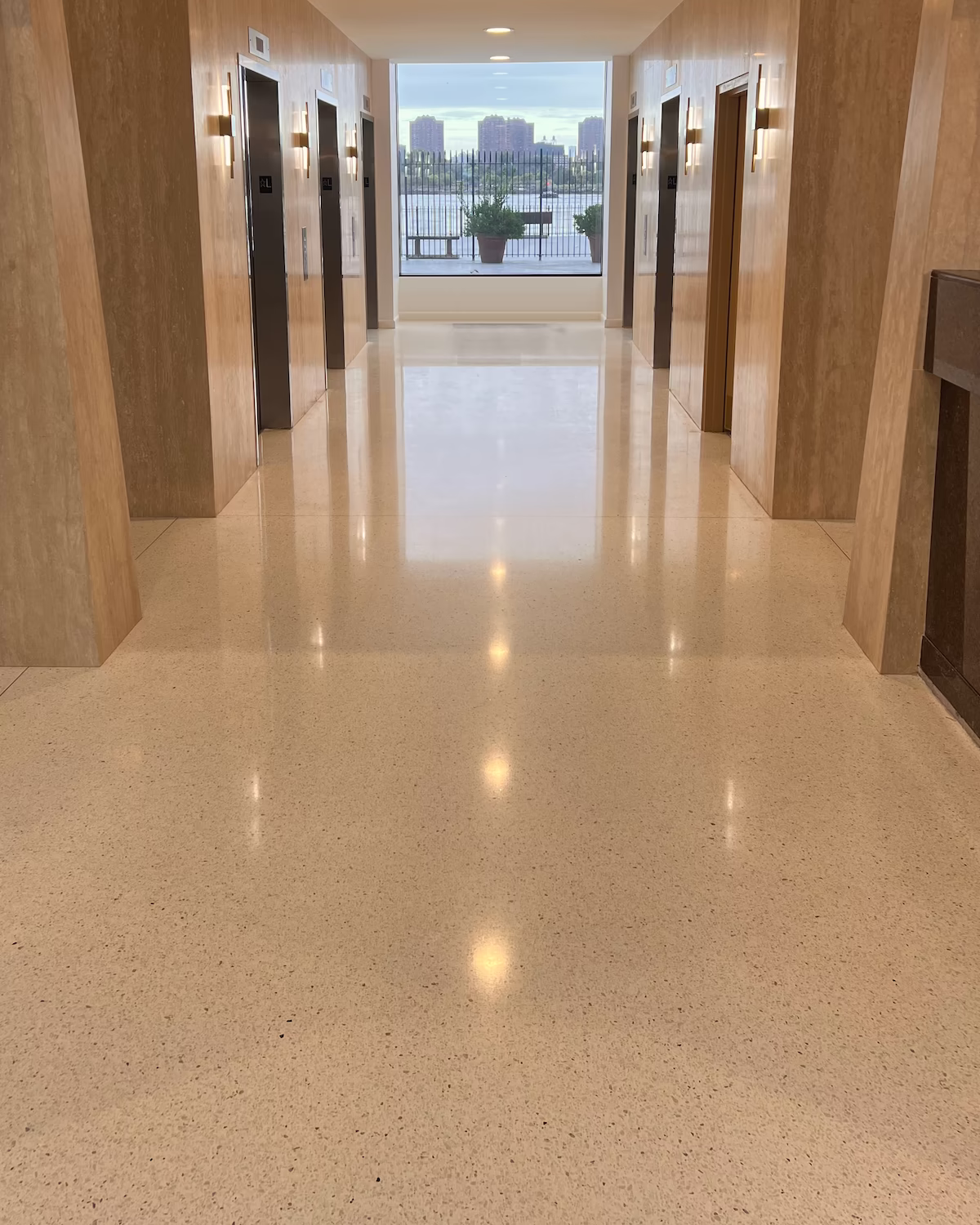 Finished terrazzo floor between the elevator banks at Shore Towers in Astoria, New York.