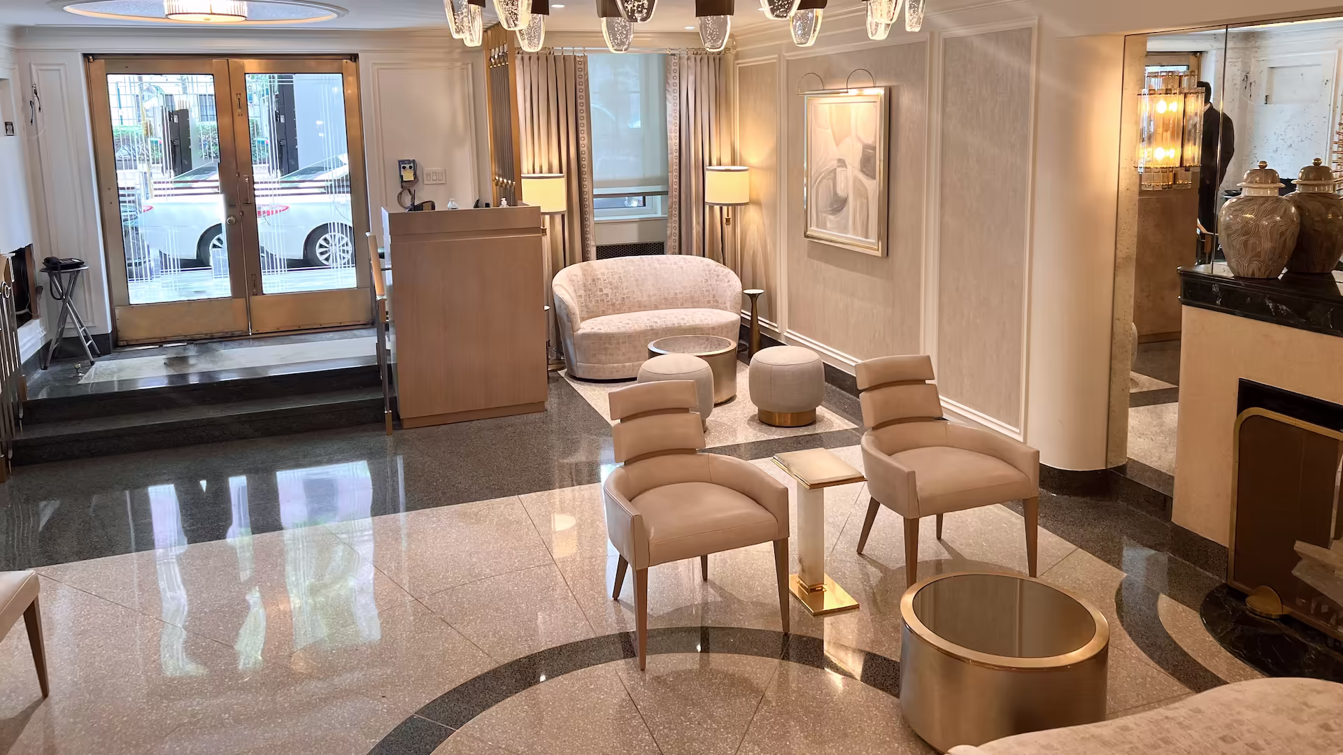 Architectural terrazzo floor in the Shore Towers residential lobby in Astoria, New York.