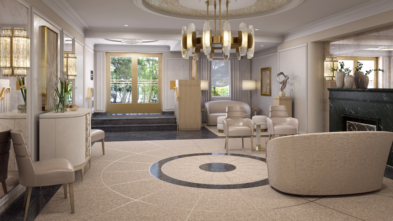 Point Seven restaurant interior with custom Palladiana terrazzo flooring by Doreon