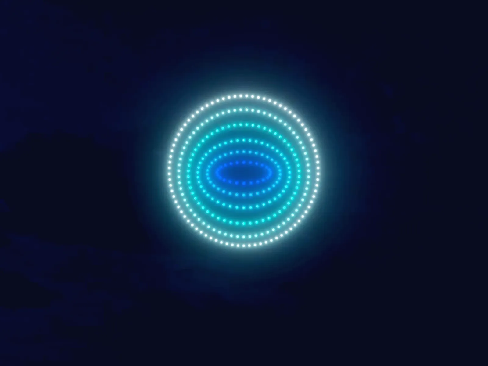 Spectacle de drones Kinetics (visualisation 3D) : anneaux concentriques lumineux bleus et cyan