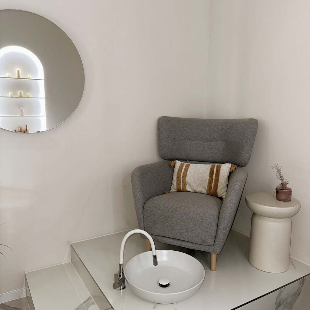 Grauer Sessel mit rundem Spiegel und Waschbecken im Lash und Brow Studio