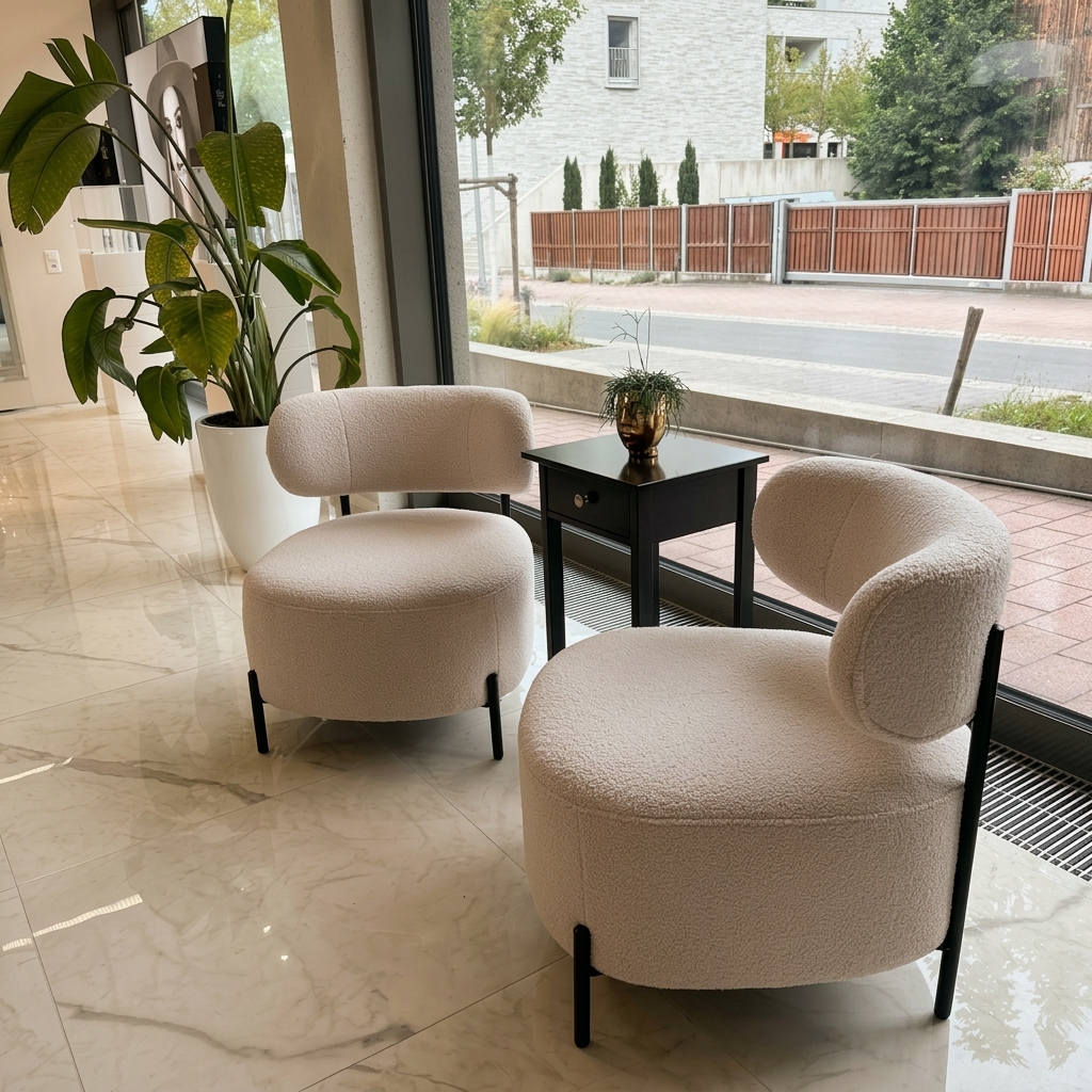 Lounge mit Bouclé-Sesseln – Arlena Studio im Haar-Atelier Sophia