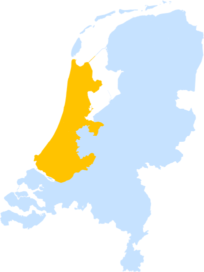 Kaart van Nederland met het werkgebied Noord- en Zuid-Holland in geel