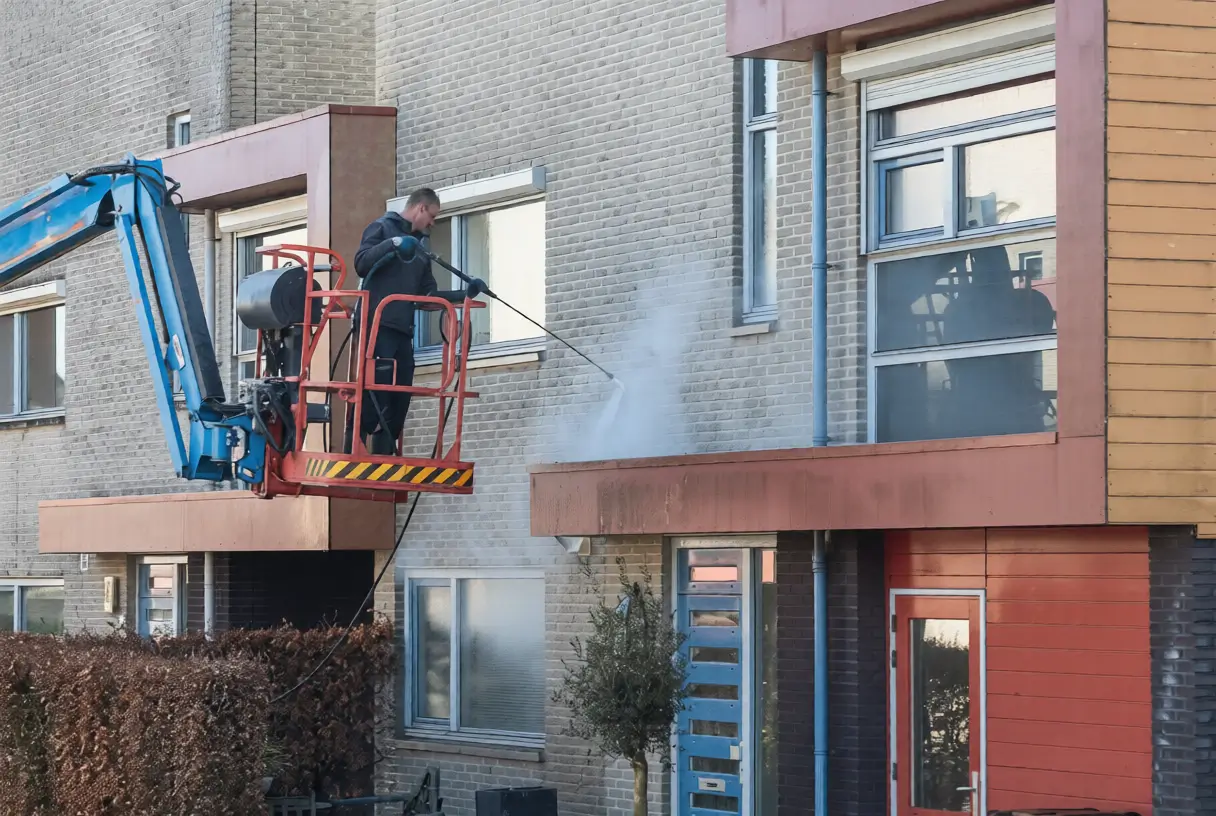 Vakman van De Vries Geveltechniek aan het werk aan een bakstenen gevel