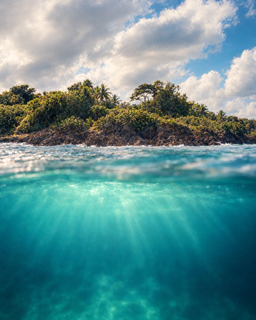 Îlet : au-dessus de l’eau l’îlet net, au-dessous le monde sous-marin adouci