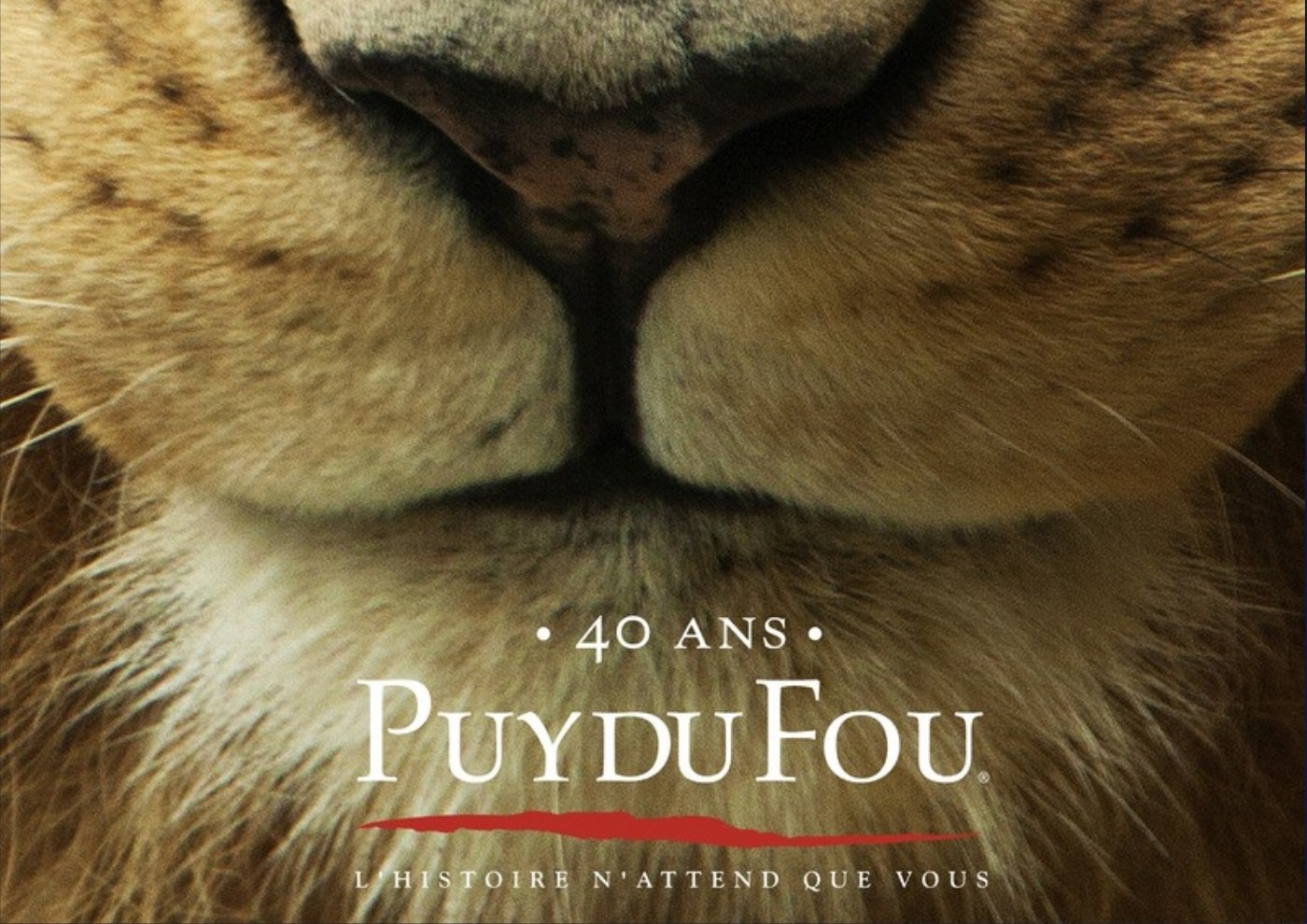 Puy du Fou, 40 ans : le mufle d’un lion en très gros plan, le logo et la signature « L’histoire n’attend que vous »