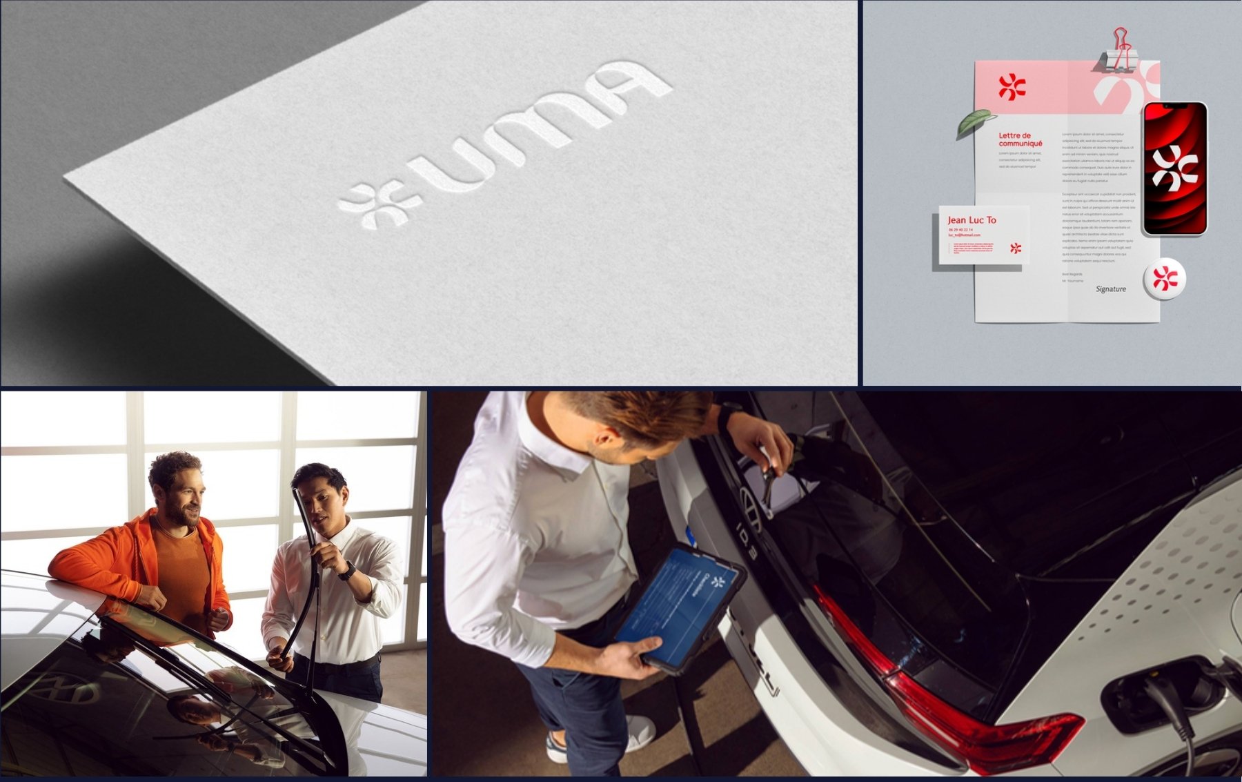 Uma : le logo gaufré, la lettre et la carte de visite, puis deux scènes d’inspection, un balai d’essuie-glace montré à un homme et un coffre contrôlé tablette en main