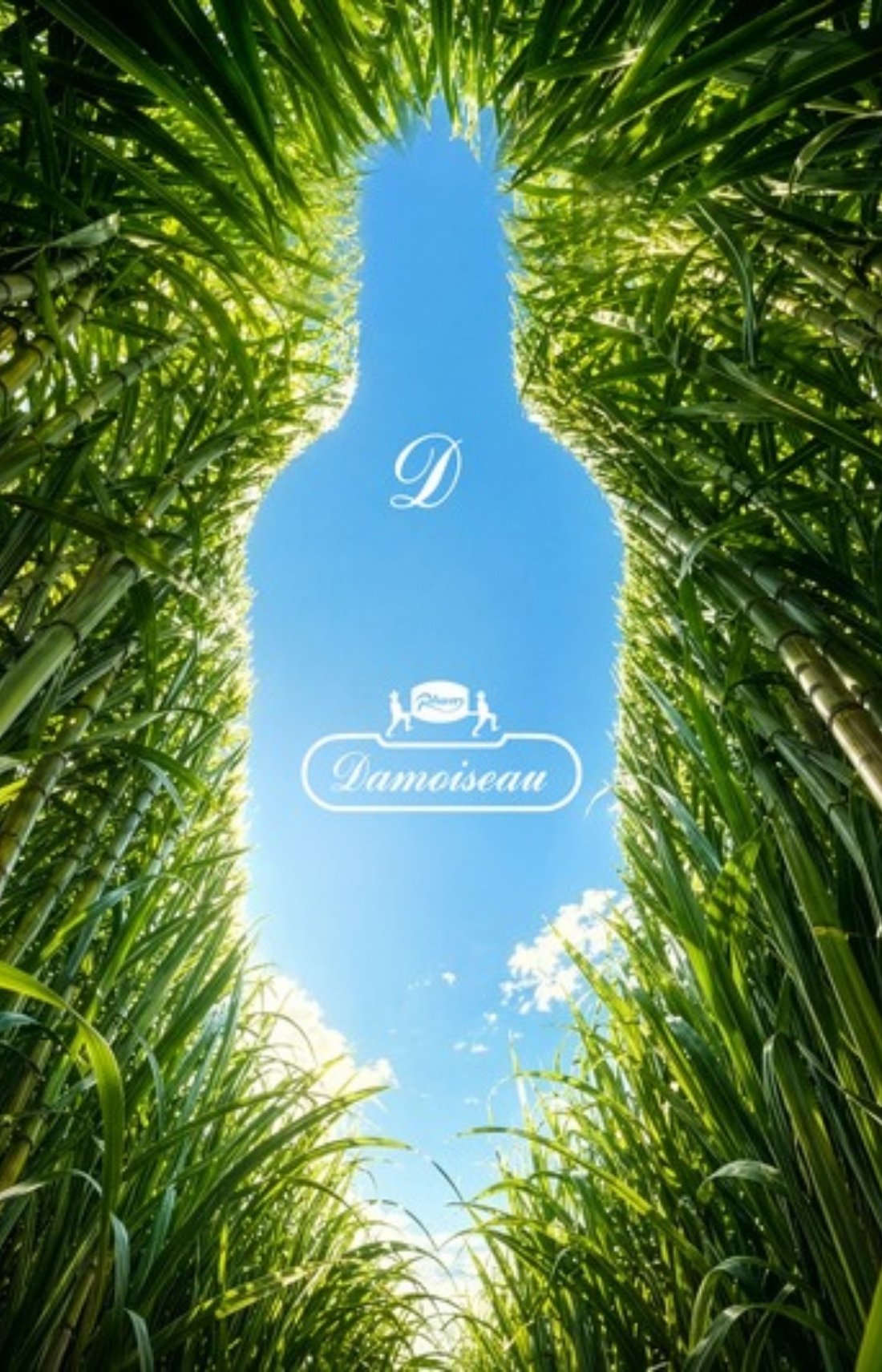 Damoiseau : vu d’en bas, un champ de cannes à sucre dont les feuilles découpent dans le ciel la silhouette d’une bouteille, marquée du D et du logo en blanc