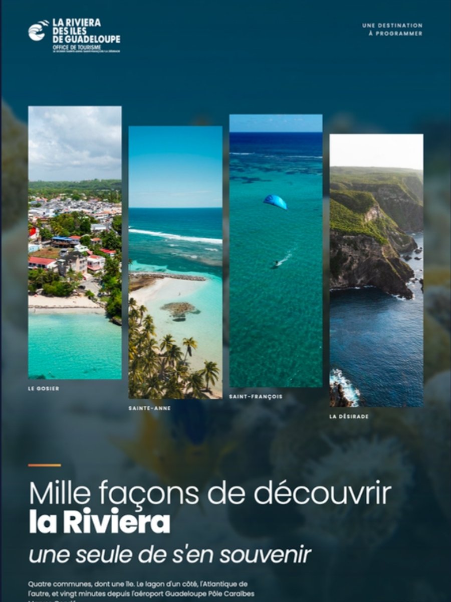Office de Tourisme de la Riviera du Levant, couverture « Mille façons de découvrir la Riviera, une seule de s’en souvenir » : quatre vues du Gosier, de Sainte-Anne, de Saint-François et de La Désirade