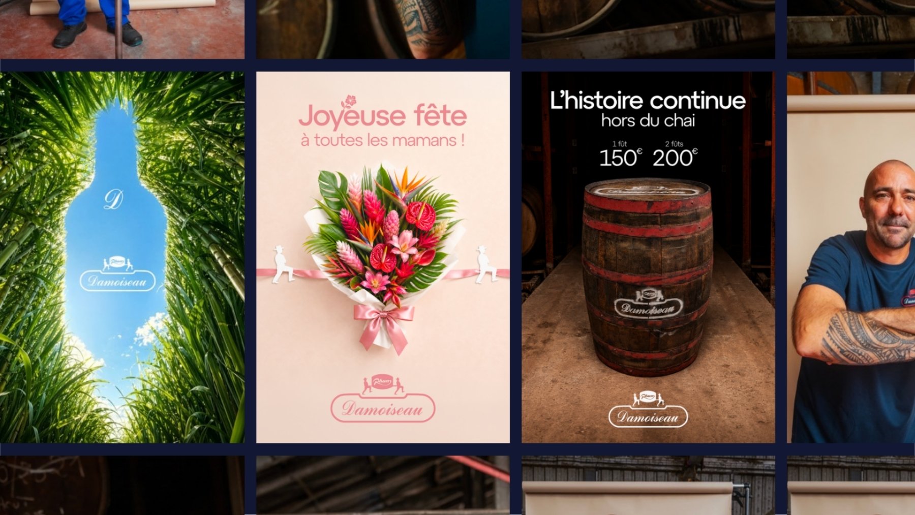 Damoiseau : le fil de la marque sur les réseaux sociaux, une grille qui alterne les visuels (la bouteille dans les cannes, la fête des mères, le fût du chai) et des portraits