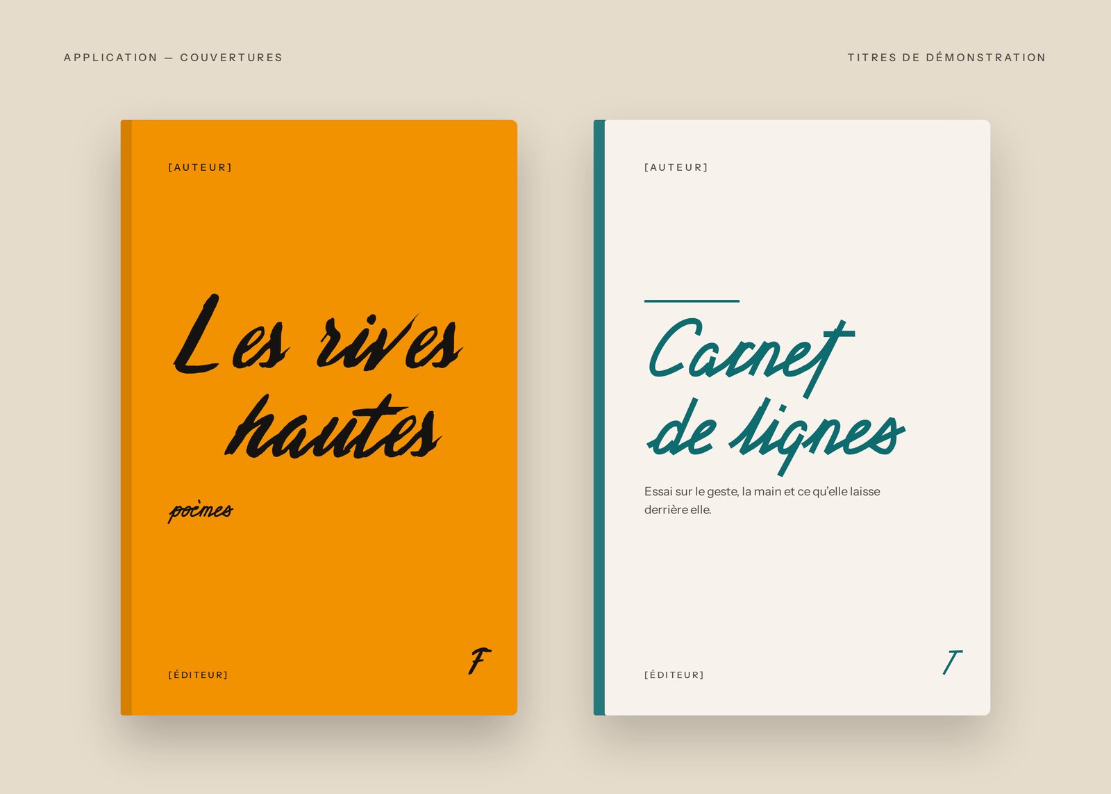 Fougue & Trait : deux couvertures de livre, « Les rives hautes » en Fougue et « Carnet de lignes » en Trait