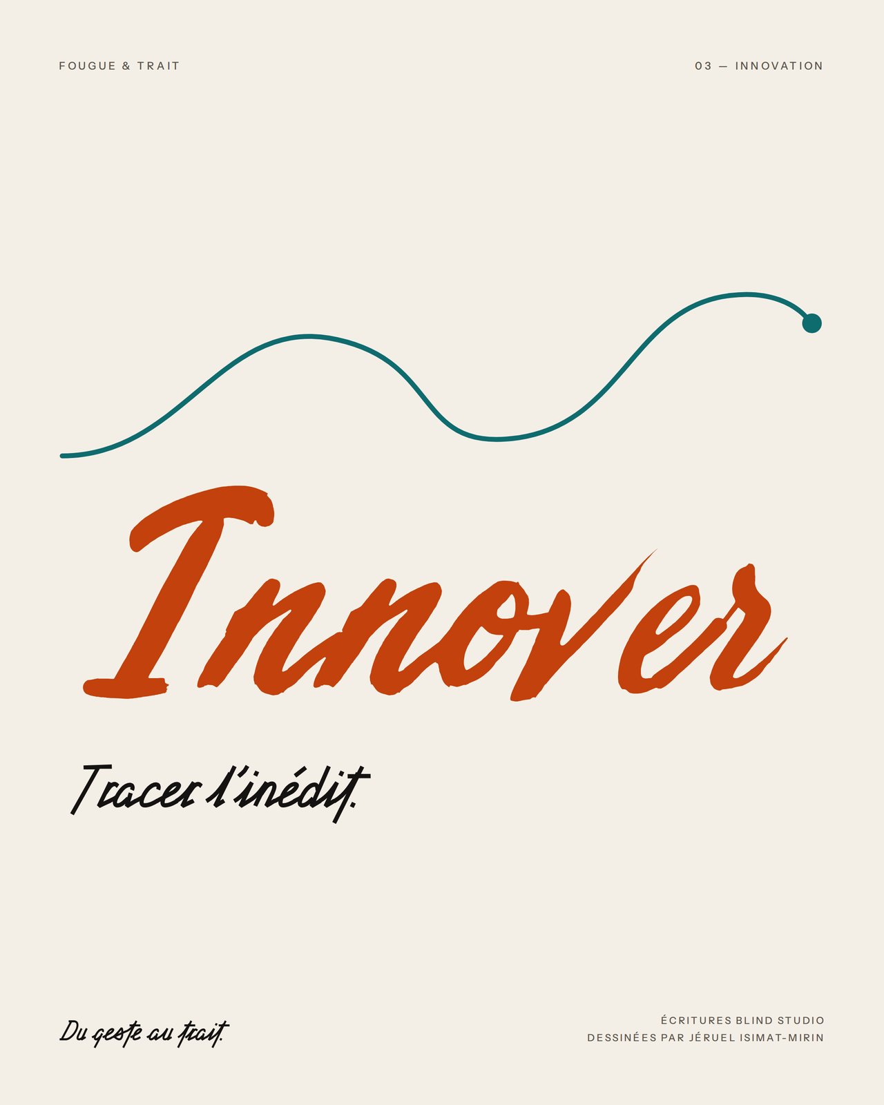 Fougue & Trait : affiche Innover, « Tracer l’inédit », orange et lagon sur papier