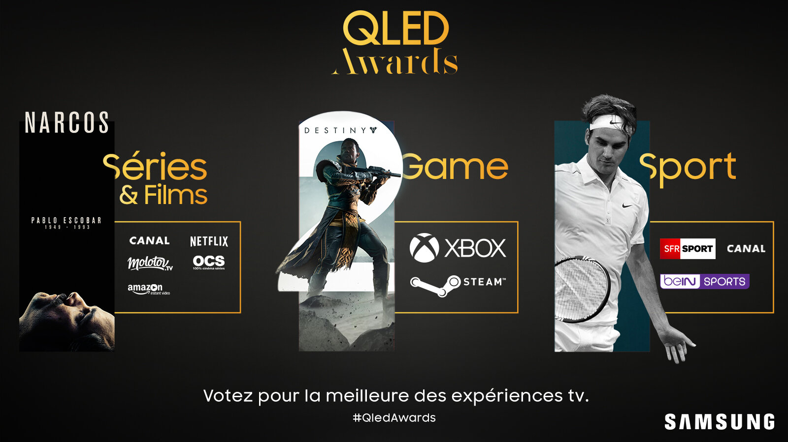 Samsung QLED Awards, visuel-clé : trois catégories, séries et films, jeux vidéo et sport, et « Votez pour la meilleure des expériences TV. »