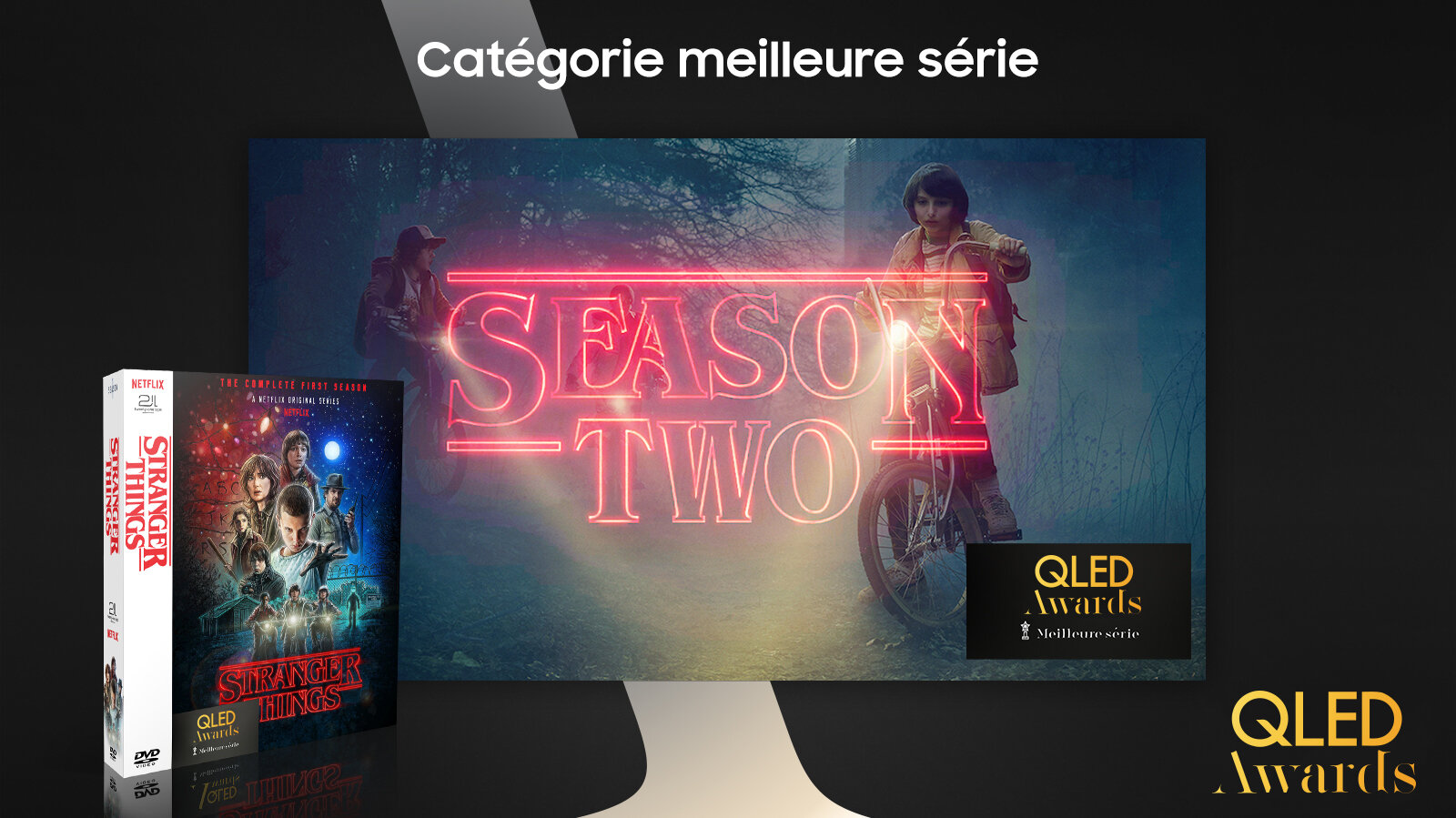 Samsung QLED Awards : Stranger Things à l’écran avec le label « Meilleure série », et le coffret DVD marqué du même label