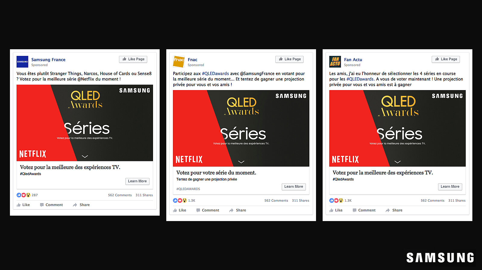 Samsung QLED Awards : trois publications Facebook sponsorisées, de Samsung France, de la Fnac et d’un média de fans