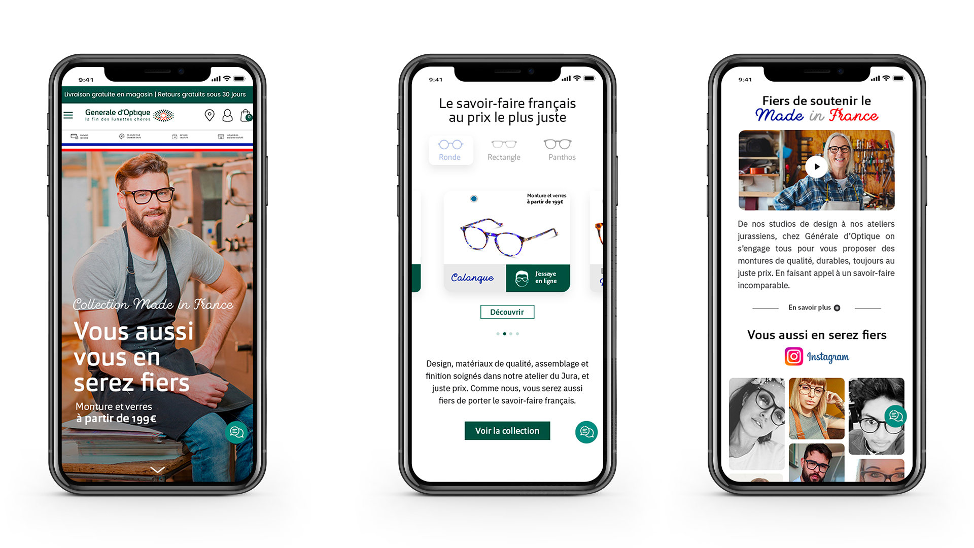 Générale d’Optique : trois écrans de la landing page mobile, « Vous aussi vous en serez fiers », la collection au prix le plus juste et le fil Instagram