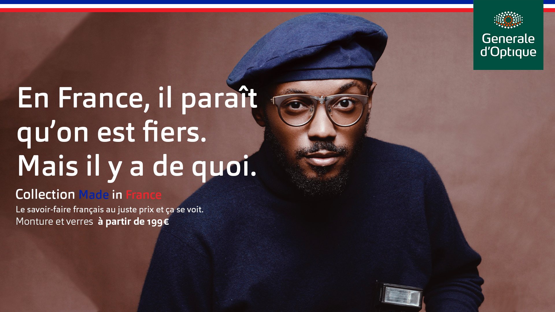 Générale d’Optique, affiche « En France, il paraît qu’on est fiers. Mais il y a de quoi. » : un homme en béret bleu, lunettes sur le nez