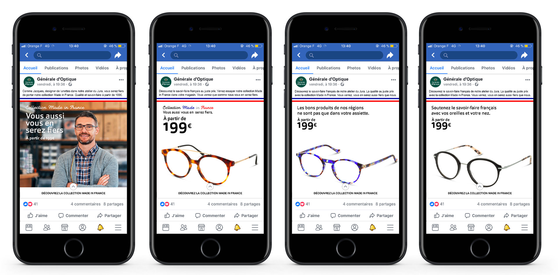 Générale d’Optique : quatre publications Facebook de la collection Made in France, monture et verres à partir de 199 €