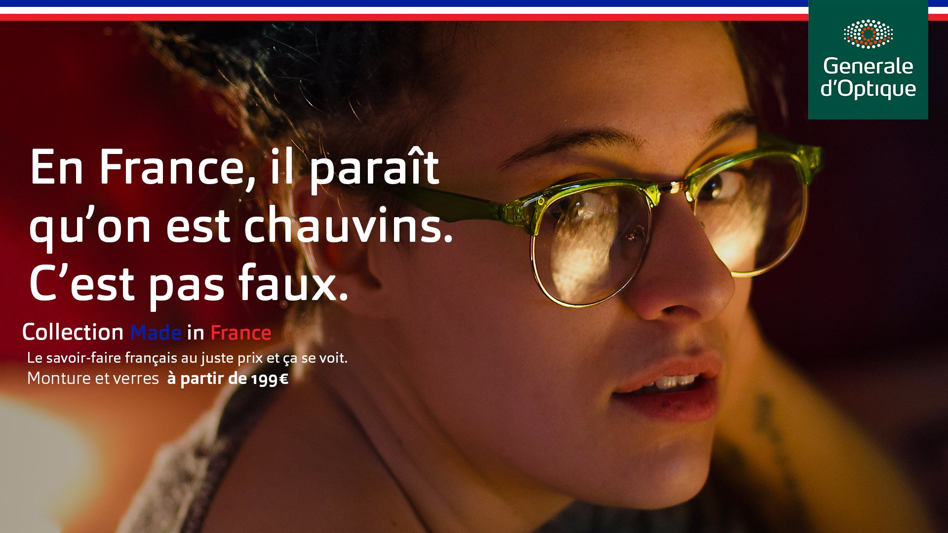 Générale d’Optique, affiche « En France, il paraît qu’on est chauvins. C’est pas faux. » : une jeune femme aux lunettes vertes