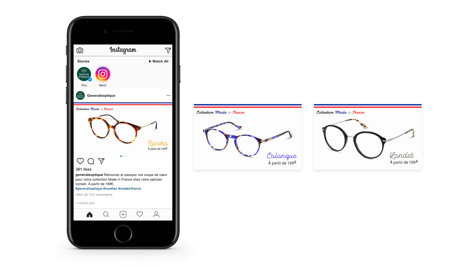 Générale d’Optique : carrousel Instagram de la collection Made in France, les modèles Riviera, Calanque et Landes à partir de 199 €
