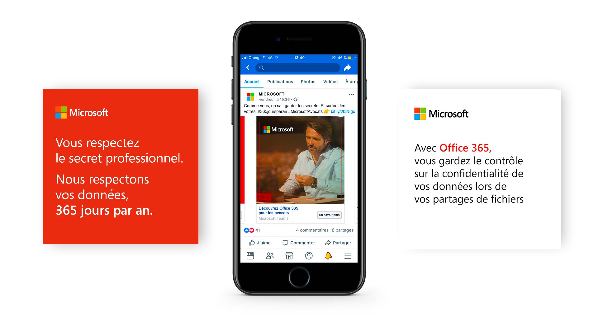 Microsoft Office 365, carrousel Facebook #MicrosoftAvocats : « Vous respectez le secret professionnel. Nous respectons vos données, 365 jours par an. »