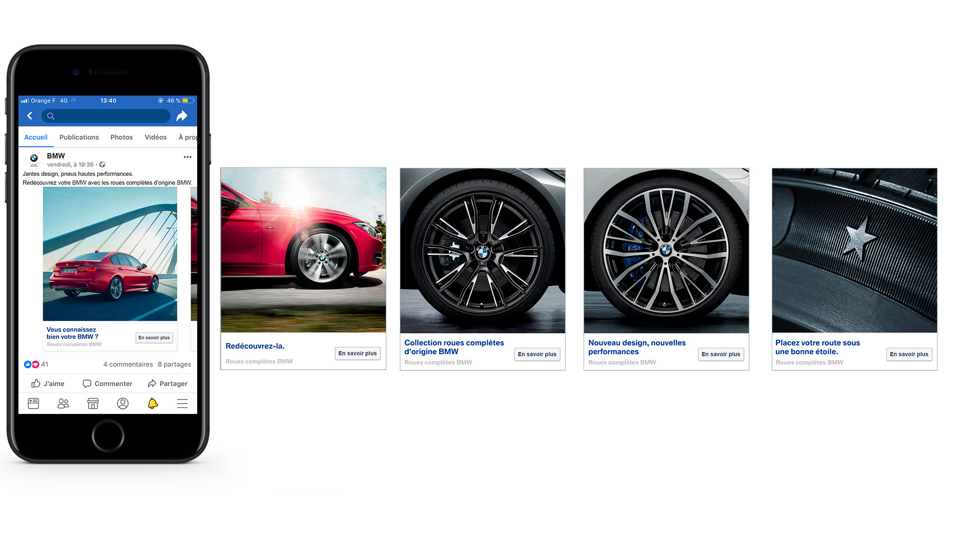 BMW, carrousel Facebook des roues complètes d’origine : « Vous connaissez bien votre BMW ? », puis « Redécouvrez-la. »