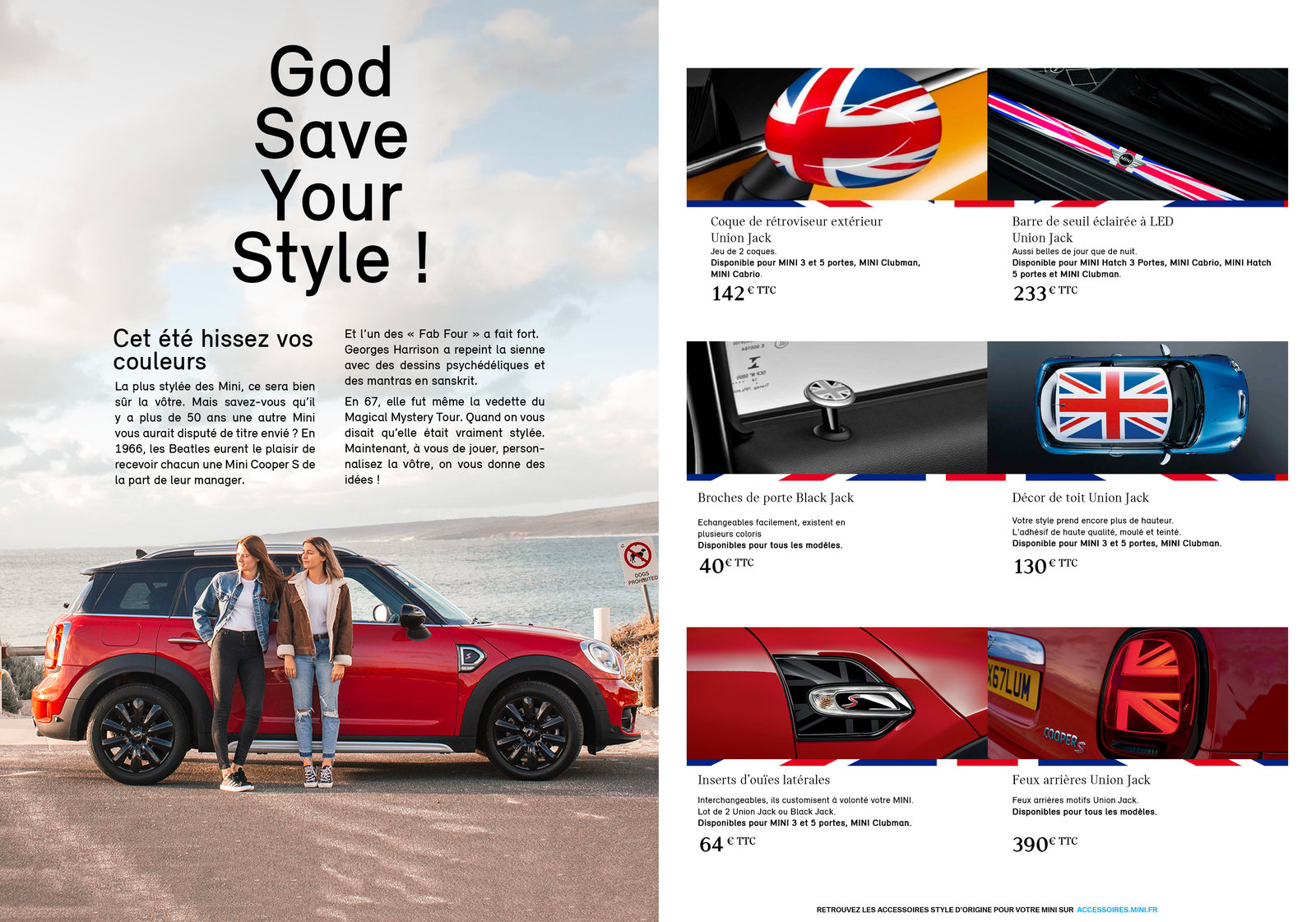 MINI, double page du « Carnet de style » : « God Save Your Style ! », « Cet été hissez vos couleurs » et six accessoires Union Jack et Black Jack avec leurs prix