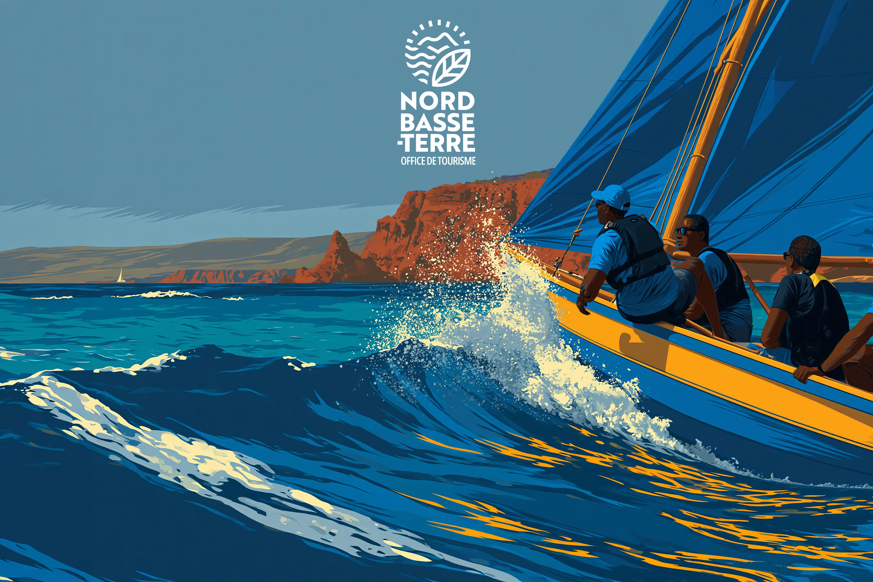 Grand Prix de Voile du Nord Basse-Terre : « Les maîtres du bau », un voilier traditionnel à coque jaune, l’équipage au rappel dans les vagues, devant des falaises rouges, sous le logo de l’Office de Tourisme