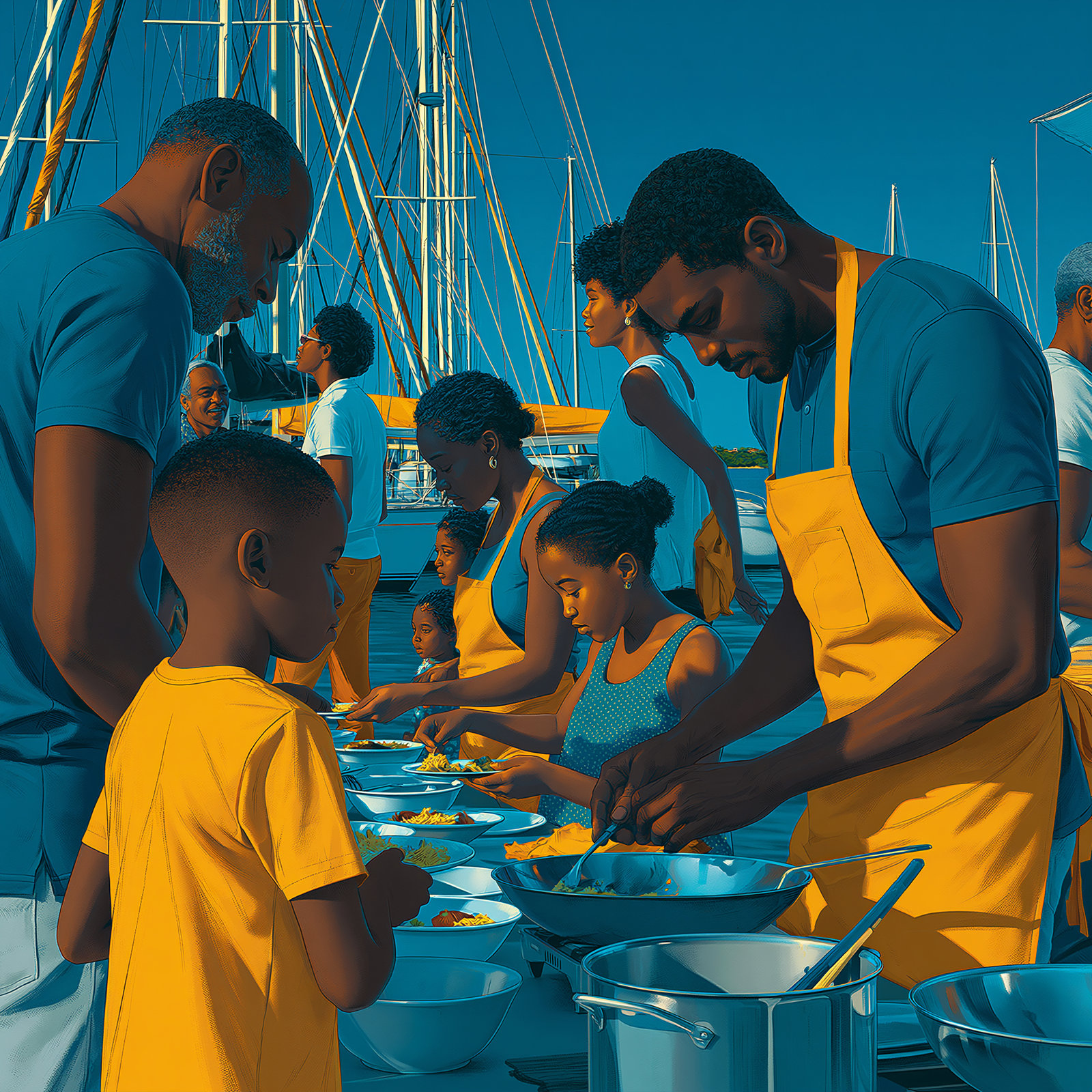 Grand Prix de Voile du Nord Basse-Terre : l’illustration « La tradition a du goût », une famille en tabliers jaunes sert le repas sur le quai, devant les mâts des voiliers