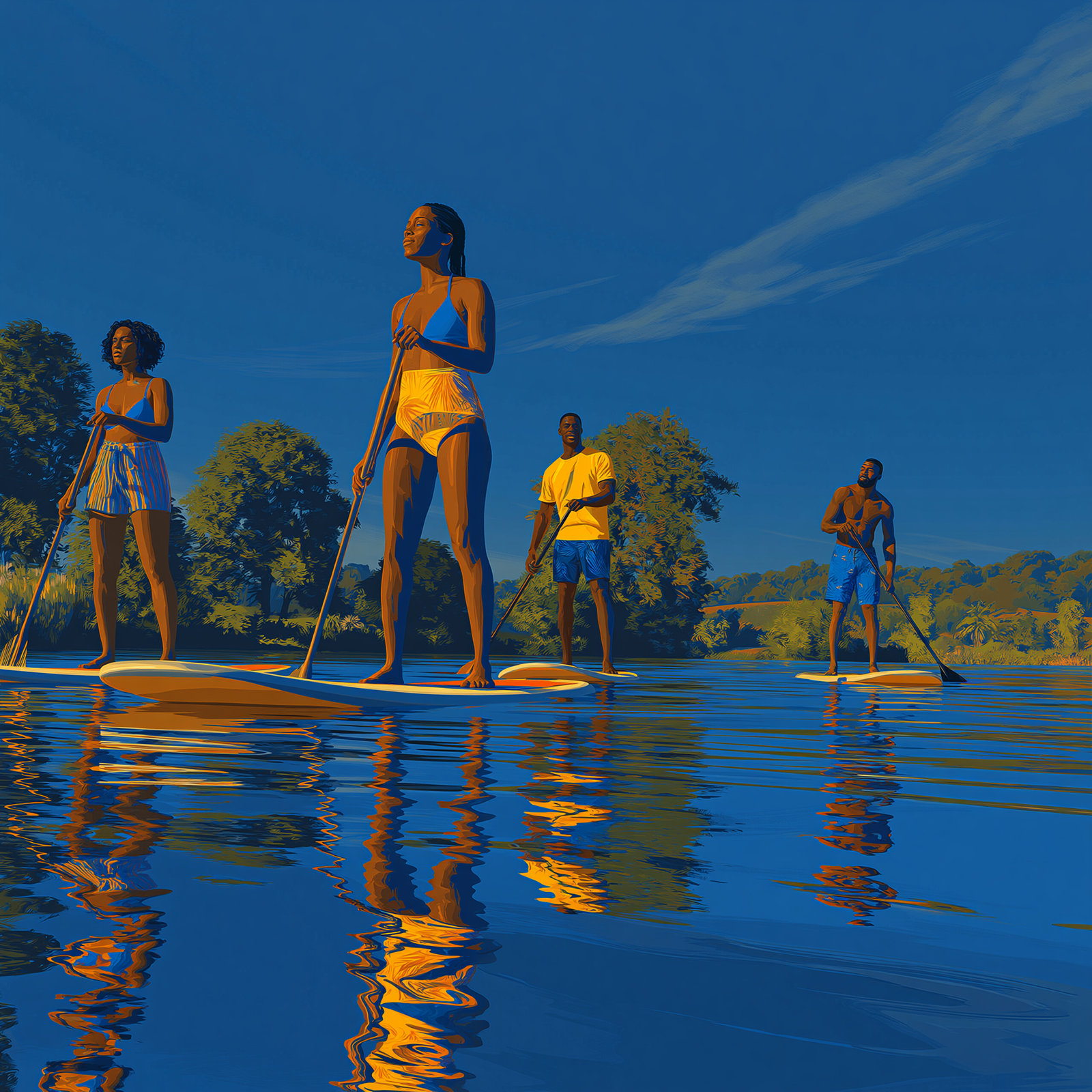 Grand Prix de Voile du Nord Basse-Terre : l’illustration « Accords ciel & mer », quatre personnes en paddle glissent sur une eau calme où se reflète le ciel