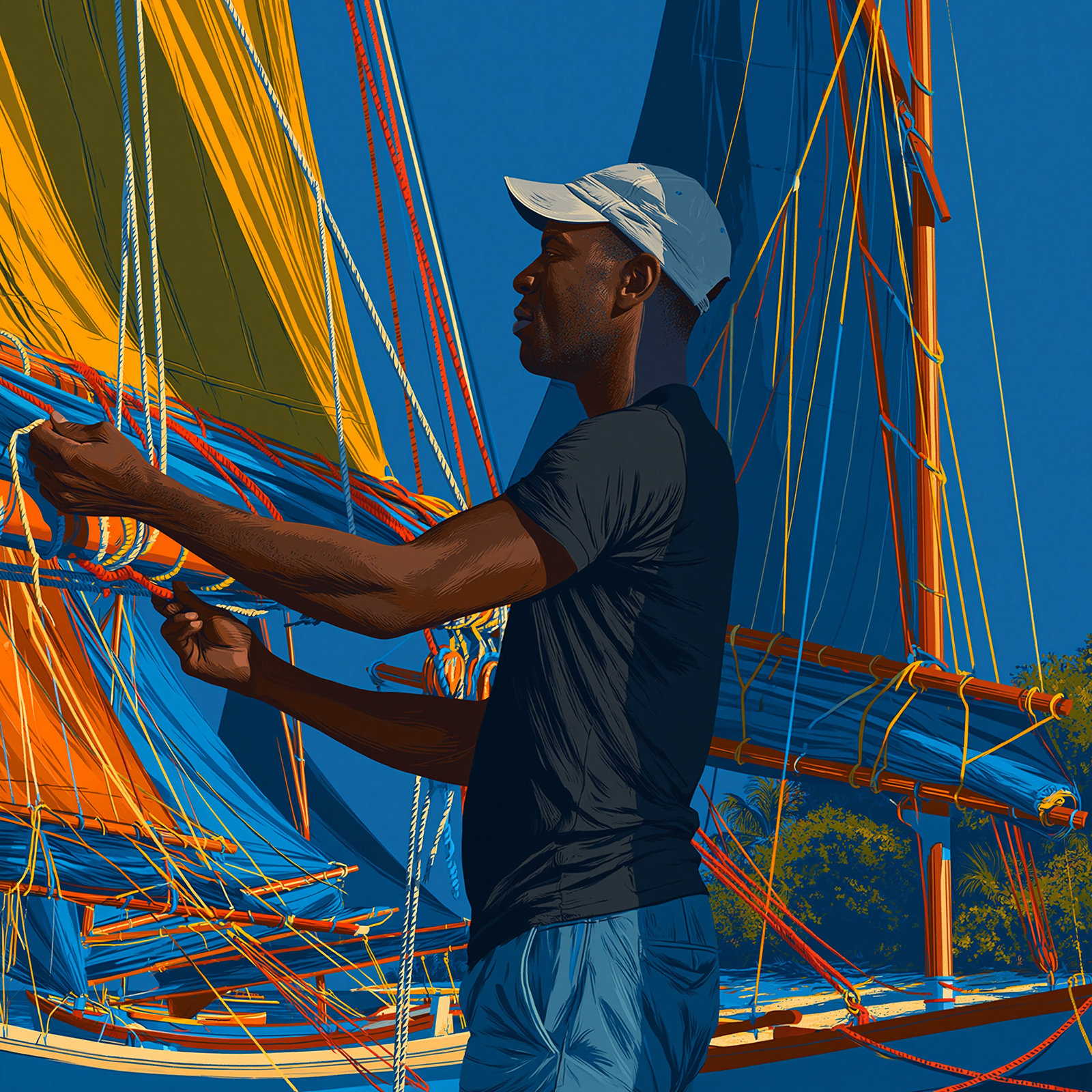 Grand Prix de Voile du Nord Basse-Terre : l’illustration « Toujours à l’écoute », un marin en casquette blanche règle les cordages d’un voilier traditionnel aux voiles jaunes et bleues