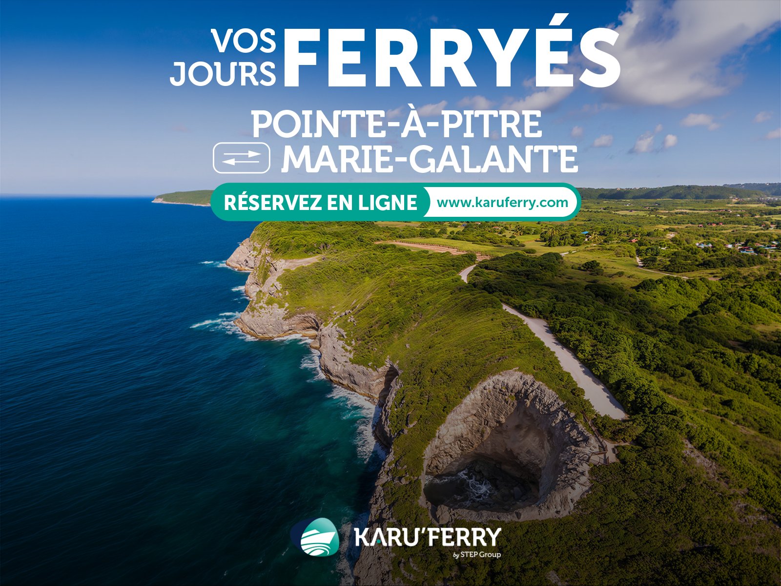 KaruFerry : « Vos jours ferryés », Pointe-à-Pitre – Marie-Galante, des falaises boisées et un gouffre au bord de l’océan, vus du ciel