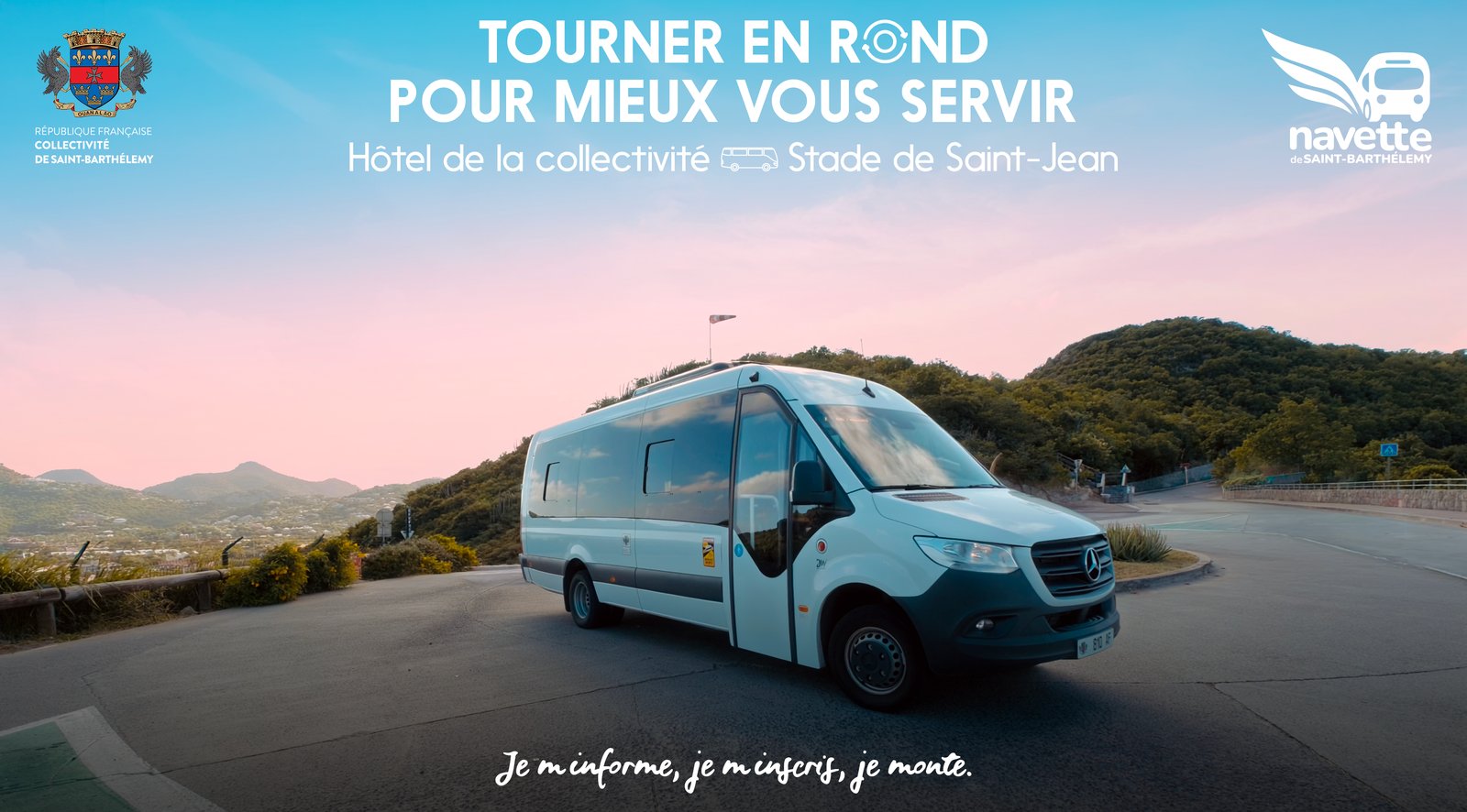 Navette de Saint-Barthélemy : « Tourner en rond pour mieux vous servir », la navette sur une route à flanc de colline, sous un ciel rose