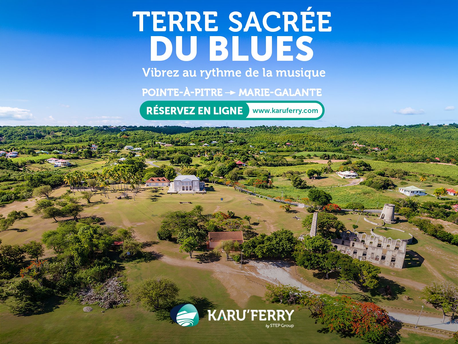 KaruFerry : « Terre sacrée du blues », une ancienne habitation, ses ruines et sa tour de moulin au milieu des champs, vues du ciel